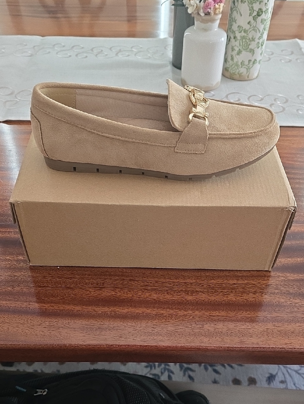 Suede Chain-Trim Loafers in Tan